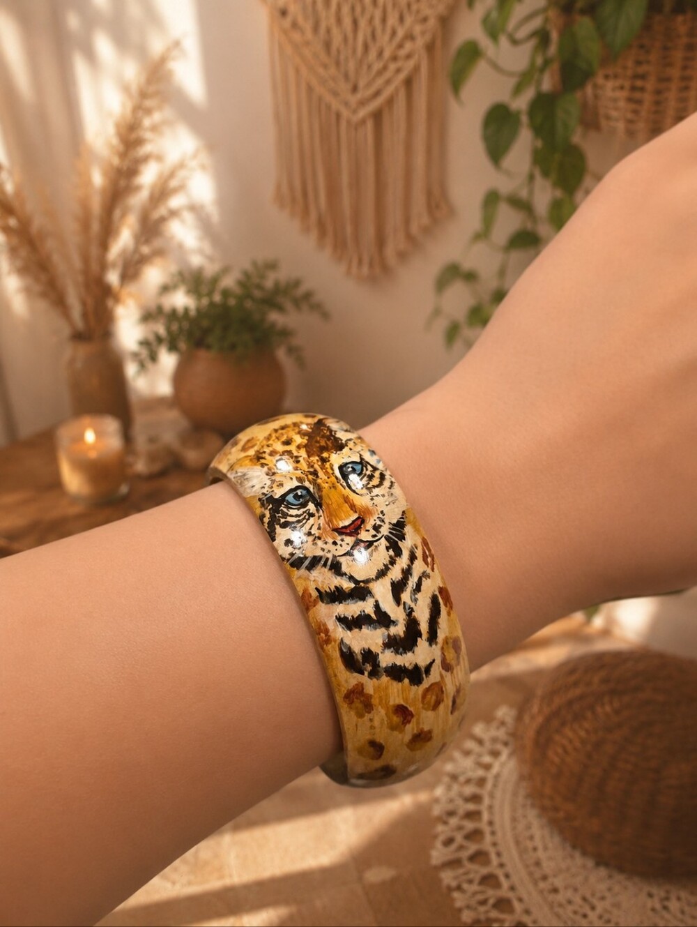 Vintage Hand-Painted Leopard Cub Wooden Bangle Bracelet Signed R.H. '90